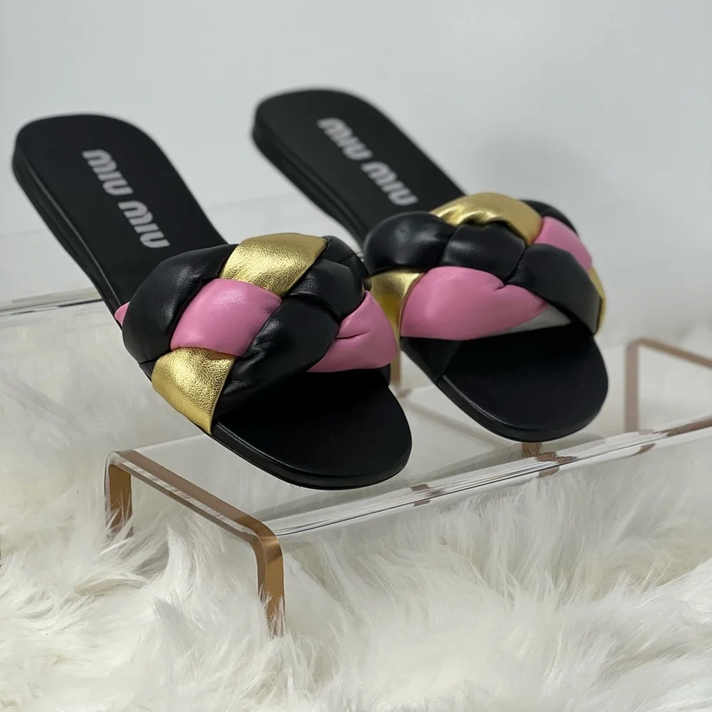 Miu Miu flat nappa leather sandals multicolor black EURO size 39/USA 9 - Picture 10 of 11